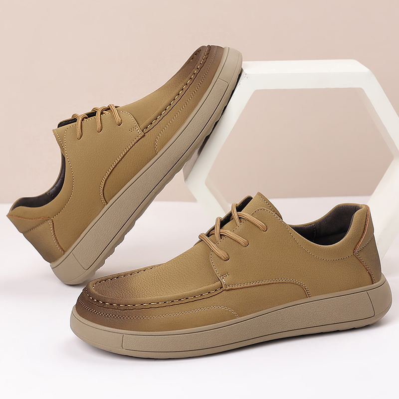 Men's Casual Leather Shoes Fashion Thick-Soled Breathable Retro Low-Top Shoes